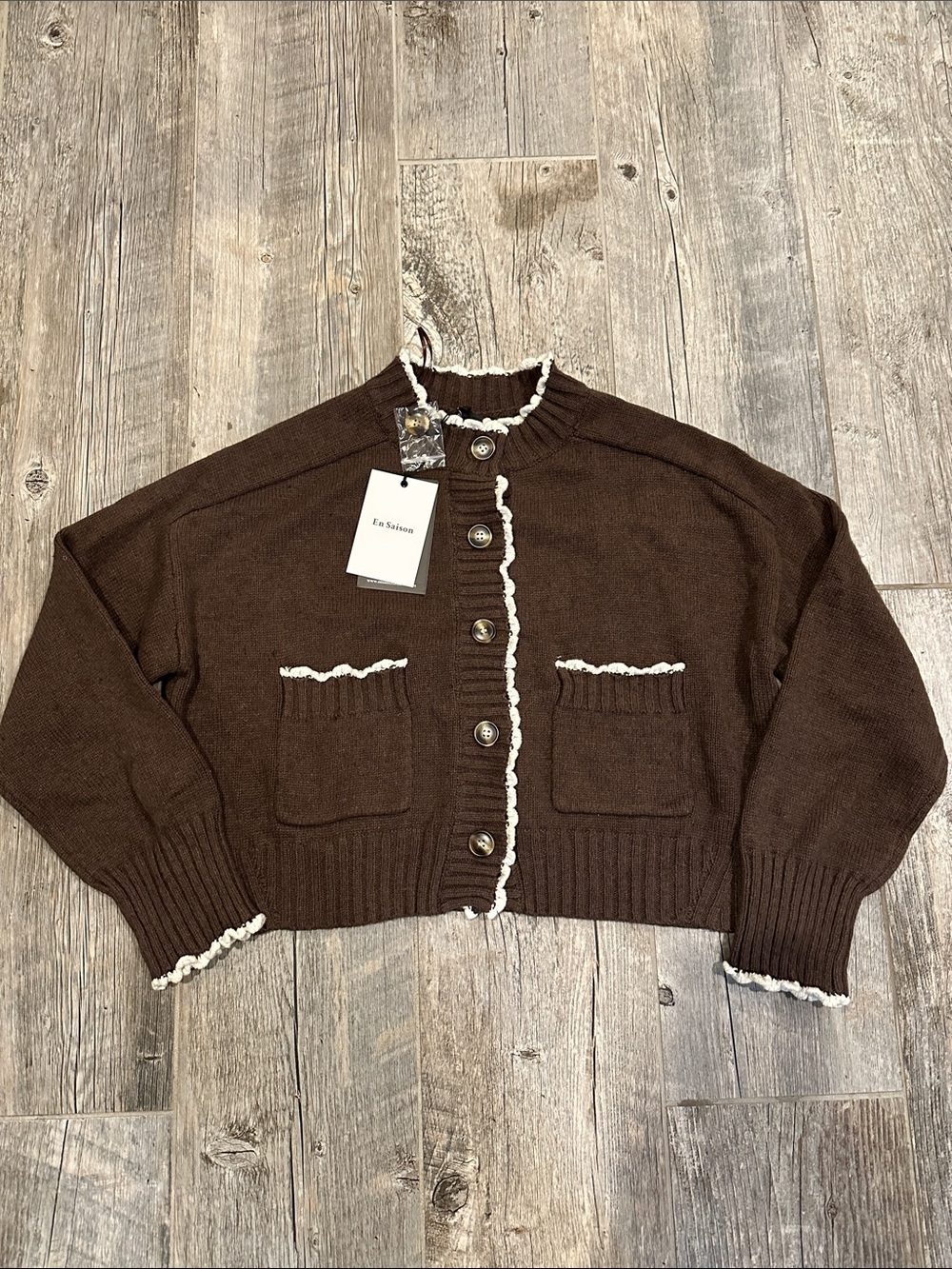 En Saison Victoria Chocolate Brown Ruffle Trim Cardigan Sweater NWT - Picture 3 of 8